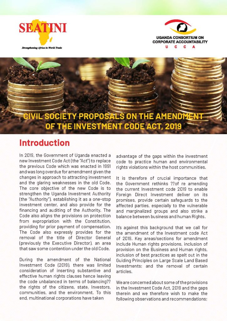 CIVIL SOCIETY PROPOSALS ON THE AMENDMENT OF THE INVESTMENT CODE ACT, 2019