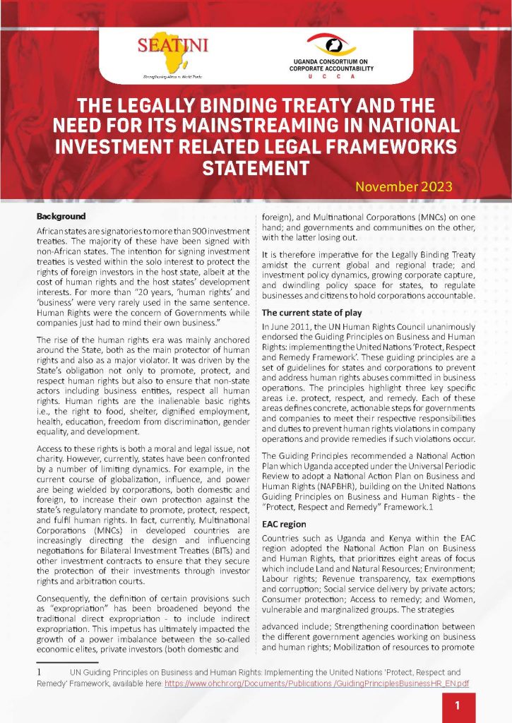 THE LEGALLY BINDING TREATY AND THE NEED FOR ITS MAINSTREAMING IN NATIONAL INVESTMENT RELATED LEGAL FRAMEWORKS STATEMENT