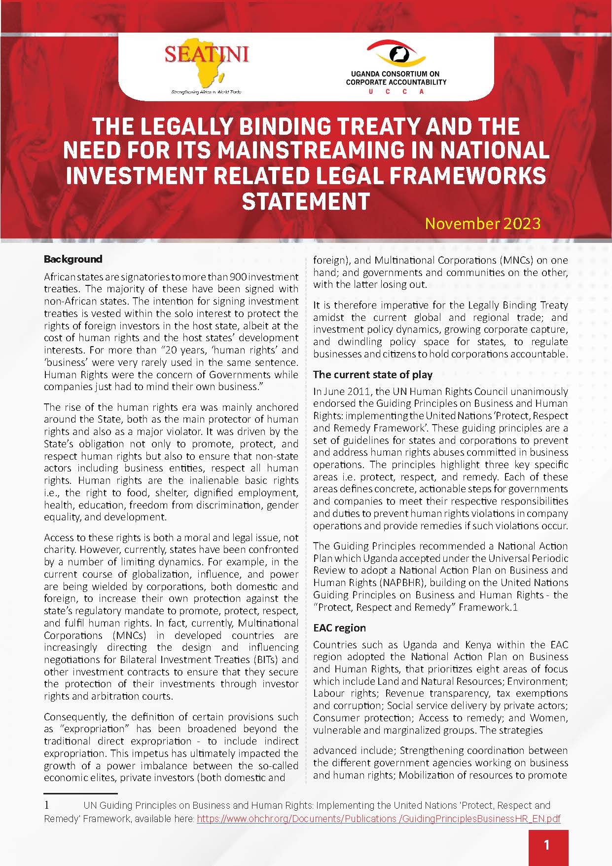 THE LEGALLY BINDING TREATY AND THE NEED FOR ITS MAINSTREAMING IN NATIONAL INVESTMENT RELATED LEGAL FRAMEWORKS STATEMENT