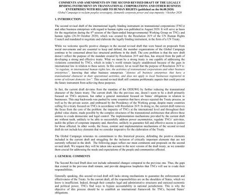 Position Paper: Comments and Amendments on the Second Revised Draft of the Legally Binding Instrument on Transnational Corporations and other Business Enterprises with regards to Human Rights (published on the 06.08.2020)