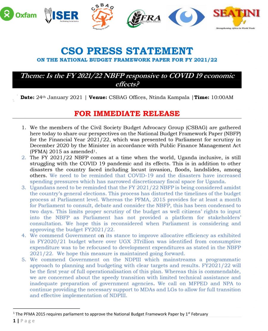 CSO PRESS STATEMENT ON THE NATIONAL BUDGET FRAMEWORK PAPER FOR FY 2021/22