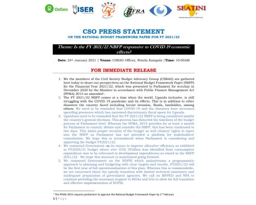 CSO PRESS STATEMENT ON THE NATIONAL BUDGET FRAMEWORK PAPER FOR FY 2021/22