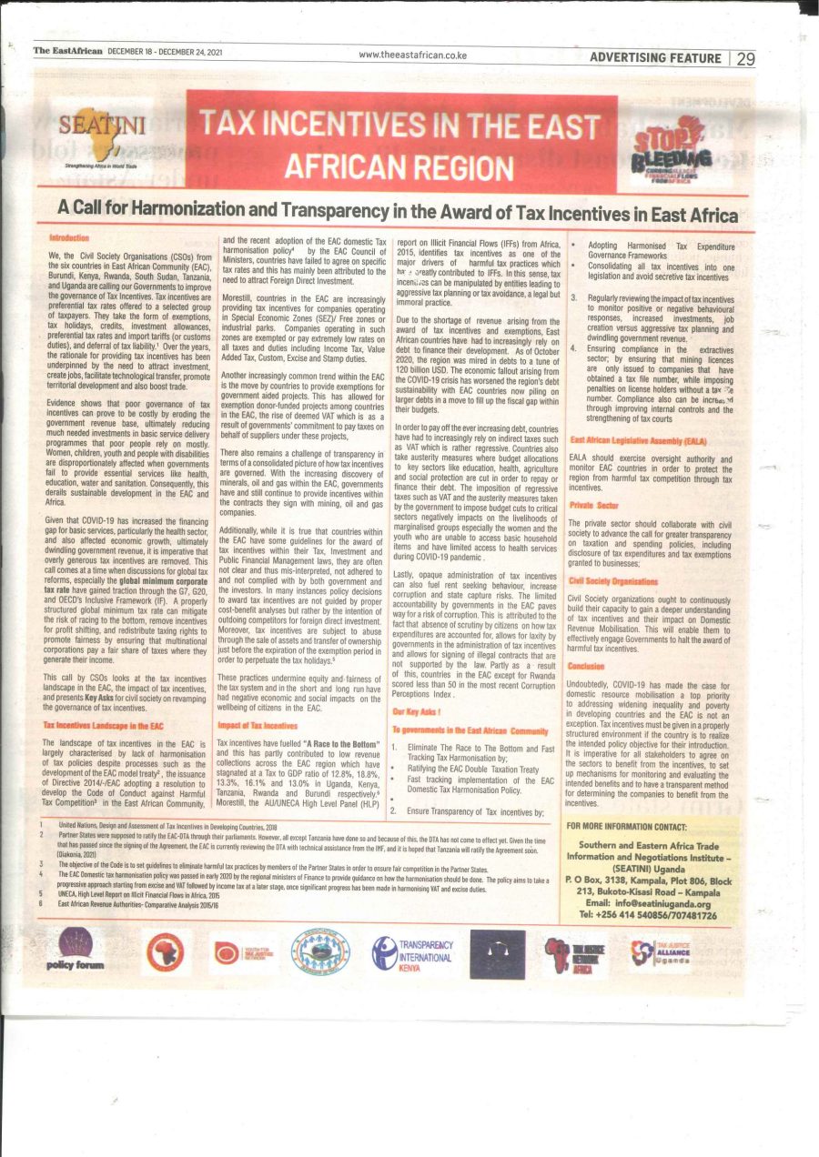 CSO STATEMENT ON TAX INCENTIVES IN THE EAST AFRICAN REGION