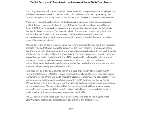 The U.S. Government’s Opposition to the Business and Human Rights Treaty Process