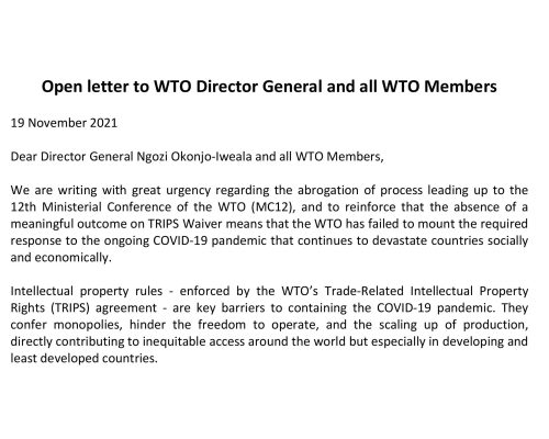Open letter to WTO Director General and all WTO Members