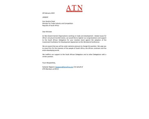 ATN Letter: Supporting South Africa’s Stance Against Investment Facilitation Agreement