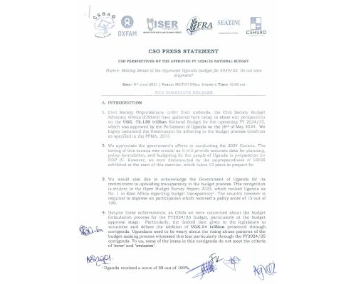 PRESS STATEMENT ON CSO PERSPECTIVES ON THE APPROVED FY 2024/25 NATIONAL BUDGET