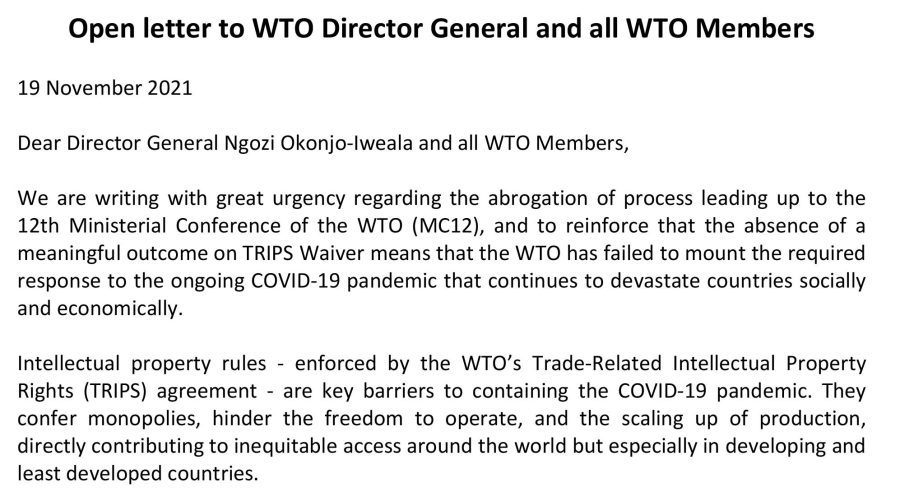 Open letter to WTO Director General and all WTO Members