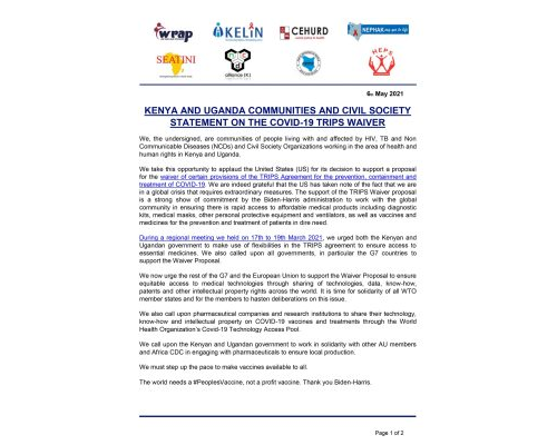 KENYA AND UGANDA COMMUNITIES AND CIVIL SOCIETY STATEMENT ON THE COVID-19 TRIPS WAIVER