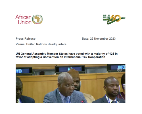 Press Release by African Union: UN General Assembly Member States have voted with a majority of 125 in favor of adopting a Convention on International Tax Cooperation